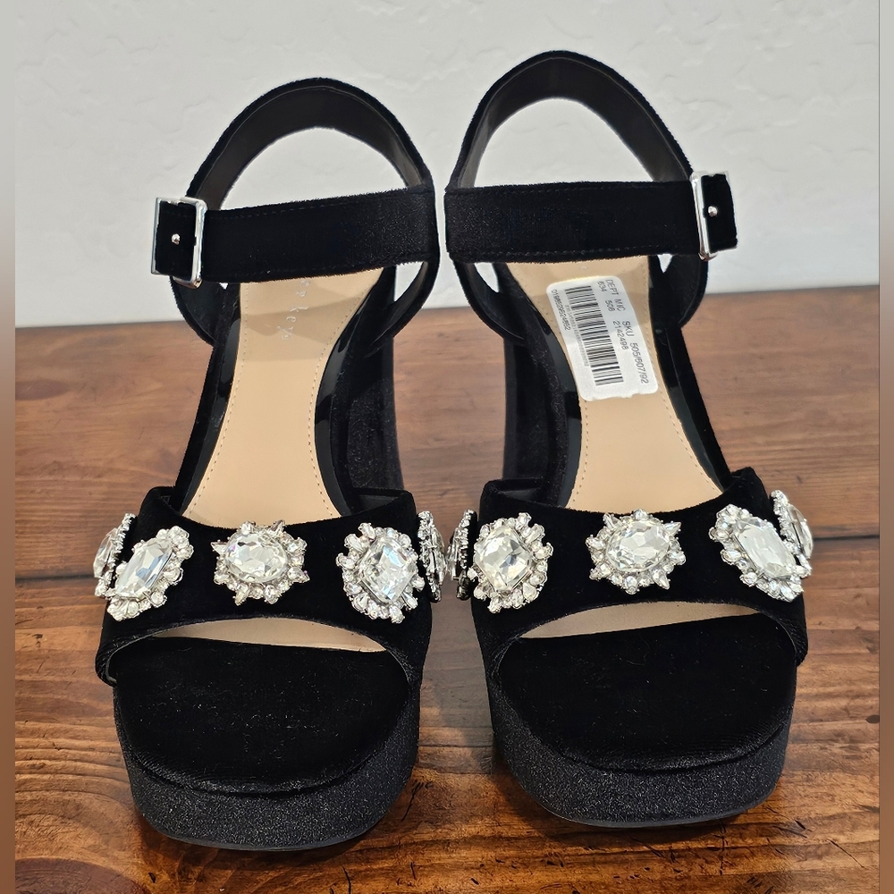 Black Women's Velvet Heels Shoes W/ Crystal Embellishments Retro Sz 8.5, 9 & 10M